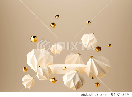 3D abstract Christmas light background with beige geometric Christmas ornaments 94921869