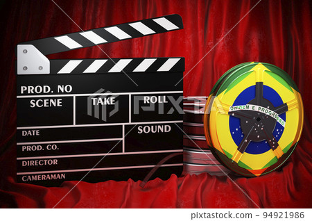 Brazilian cinematography, film industry, cinema in Brazil. Clapperboard with and film reels on the red fabric, 3D rendering 94921986