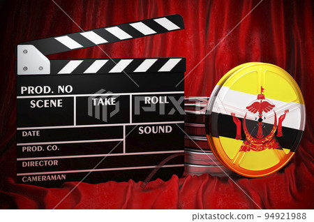 Bruneian cinematography, film industry, cinema in Brunei. Clapperboard with and film reels on the red fabric, 3D rendering 94921988