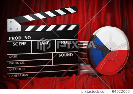 Czech cinematography, film industry, cinema in Czech Republic. Clapperboard with and film reels on the red fabric, 3D rendering 94922003