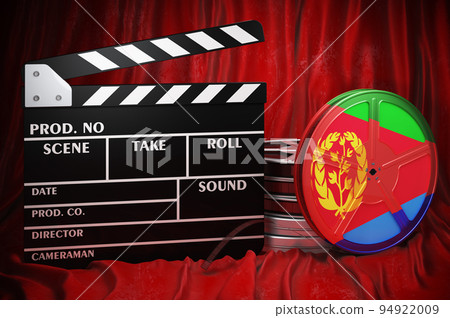 Eritrean cinematography, film industry, cinema in Eritrea. Clapperboard with and film reels on the red fabric, 3D rendering 94922009