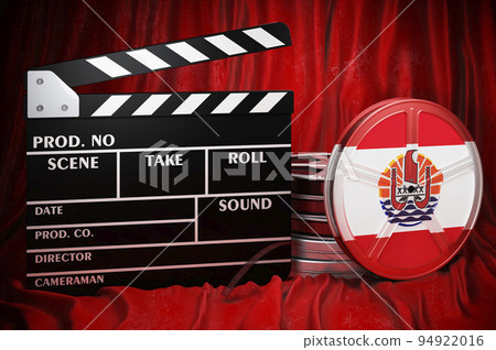 French Polynesian cinematography, film industry, cinema in French Polynesia. Clapperboard with and film reels on the red fabric, 3D rendering 94922016