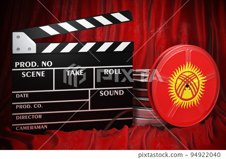 Kyrgyz cinematography, film industry, cinema in Kyrgyzstan. Clapperboard with and film reels on the red fabric, 3D rendering 94922040