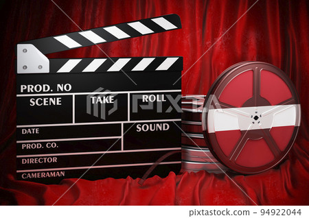 Latvian cinematography, film industry, cinema in Latvia. Clapperboard with and film reels on the red fabric, 3D rendering Latvian cinematography, film industry, cinema in Latvia. Clapperboard with and film reels on the red fabric, 3D rendering 94922044