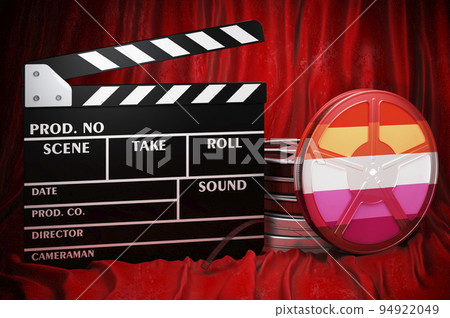 Lesbian flag with clapperboard and film reels on the red fabric, 3D rendering 94922049