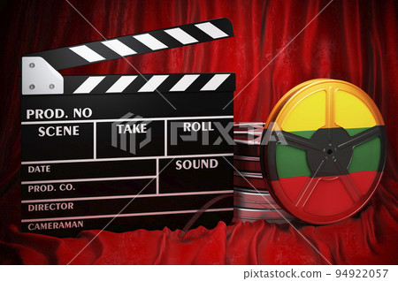 Lithuanian cinematography, film industry, cinema in Lithuania. Clapperboard with and film reels on the red fabric, 3D rendering 94922057