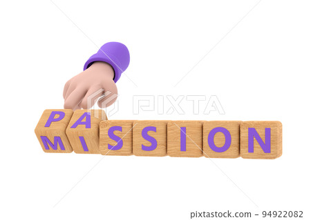 3d. Hand turns dice and changes the word "passion" to "mission". 3d. Hand turns dice and changes the word "passion" to "mission". 94922082