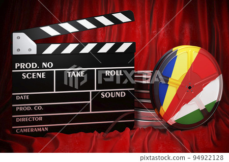 Seychelloise cinematography, film industry, cinema in Seychelles. Clapperboard with and film reels on the red fabric, 3D rendering Seychelloise cinematography, film industry, cinema in Seychelles. Clapperboard with and film reels on the red fabric, 3D rendering 94922128