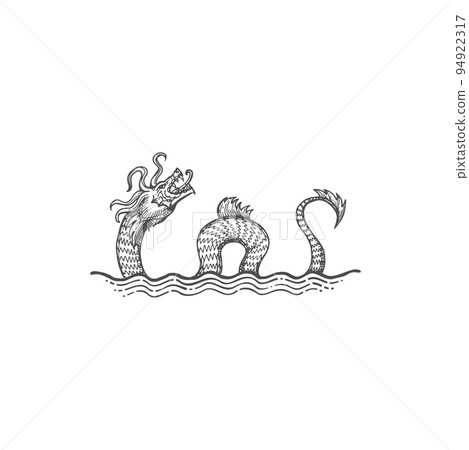 Selma monster, water beast sea serpent dragon underwater beast in ocean waves isolated monochrome sketch icon. Vector legendary leviathan dragon, water dinosaur marine beast animal, mythical creature 94922317