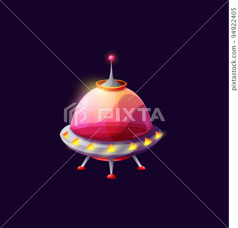 Spacecraft alien ufo saucer or disk shape ship isolated spaceship extraterrestrial station isolated cartoon cosmos galaxy invader with glass dome. Ui game animation flying object, unidentified shuttle Spacecraft alien ufo saucer or disk shape ship isolated spaceship extraterrestrial station isolated cartoon cosmos galaxy invader with glass dome. Ui game animation flying object, unidentified shuttle 94922405