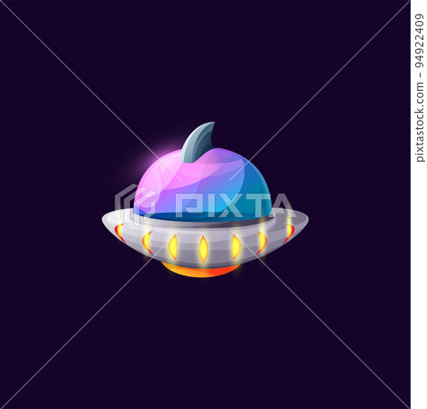 UFO alien spaceship rocket isolated cartoon icon. Vector unidentified flying object, saucer in shape of disk with glass dome game animation design. Spacecraft saucer futuristic station, satellite 94922409
