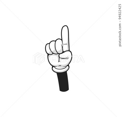 Pointing up index finger, hand in glove attention gesture isolated cartoon icon. Vector forefinger pointer calling to look here above or on top, nonverbal communication sign, raised forefinger up 94922425