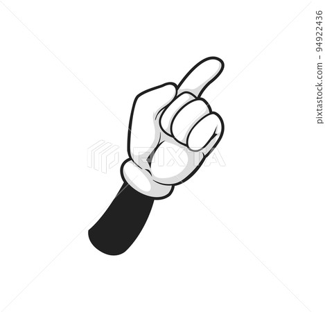 Hand gesture with raised index finger calling someone isolated. Vector pointing forefinger point attention, order this, choose this or make choice, nonverbal communication sign, cartoon arm in glove 94922436