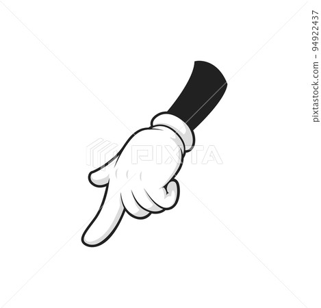 Hand in glove gesture with index finger pointing down isolated cartoon glove with forefinger calling to choose something. Vector nonverbal communication sign, web page push button indicator 94922437