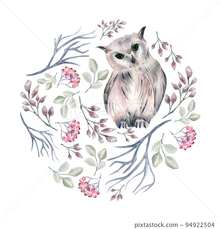 Circle frame of winter plants and owl watercolor illustration isolated on white. 94922504