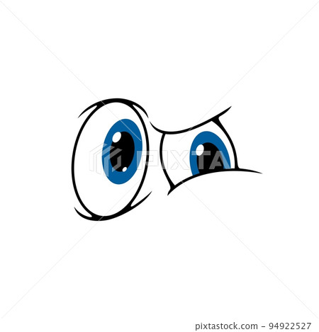 Cartoon smile face character, comic eyes icon, vector funny emotion. Eyes smile with suspicious facial expression, blue eyes emoticon with doubt squint or screw stare 94922527