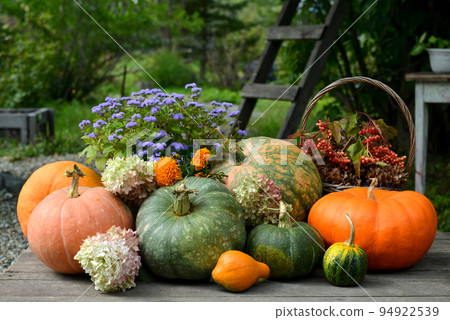 Vintage still life with pumpkins, flowers and decorations outside, thanksgiving day background, autumn calendar season concept Vintage still life with pumpkins, flowers and decorations outside, thanksgiving day background, autumn calendar season concept 94922539