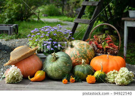 Vintage still life with pumpkins, flowers and decorations outside, thanksgiving day background, autumn calendar season concept 94922540