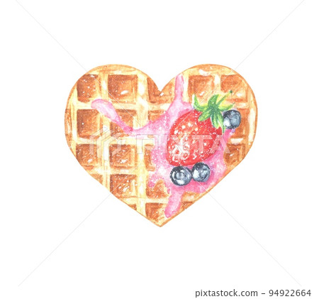 Watercolor heart-shaped waffle with strawberries and blueberries. Hand-drawn illustration. 94922664