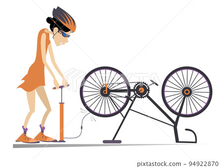 Cyclist and a broken bicycle. Sportsperson woman repairs the bicycle. The cyclist woman inflates the wheel on the bicycle. Isolated on white background Cyclist and a broken bicycle. Sportsperson woman repairs the bicycle. The cyclist woman inflates the wheel on the bicycle. Isolated on white background 94922870