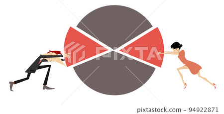 Usiness person last piece of market share pie chart. Businessman and businesswoman pushing a last piece into place to make a market share pie chart of success. Isolated on white background Usiness person last piece of market share pie chart. Businessman and businesswoman pushing a last piece into place to make a market share pie chart of success. Isolated on white background 94922871