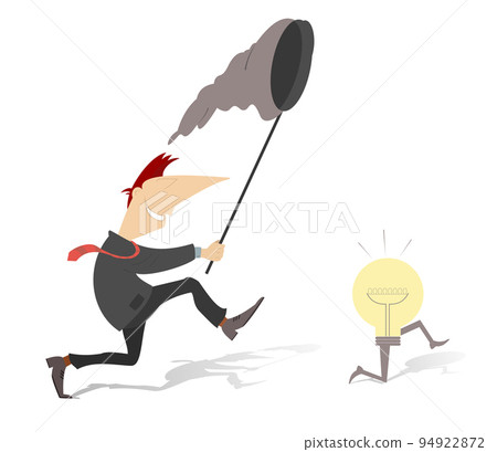 Business idea, knowledge exchange, successful work. Idea lamp concept. Smiling businessman catching light bulb by butterfly net. Isolated on white background 94922872