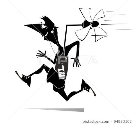 Illustration of young running man.  Cartoon running man listening music on player using headphones and trying to run faster using a propeller. Isolated on white background 94923102