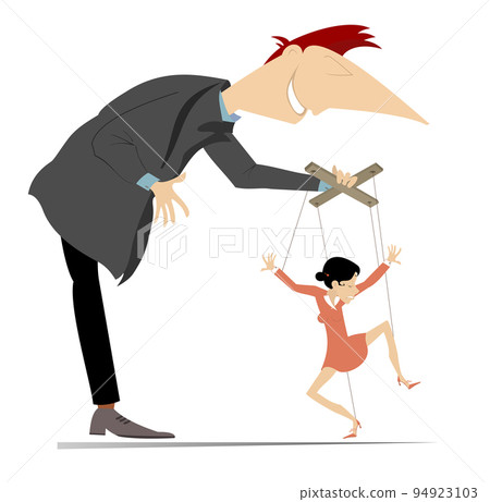 Man and puppet woman concept. Young man master controls woman like puppet by cords. Isolated on white illustration Man and puppet woman concept. Young man master controls woman like puppet by cords. Isolated on white illustration 94923103