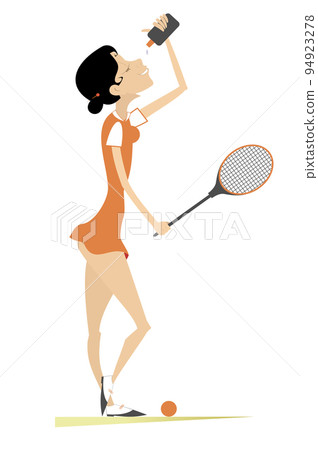Young woman playing tennis. Illustration. Young woman with a tennis racket drinking water. Isolated on white background 94923278