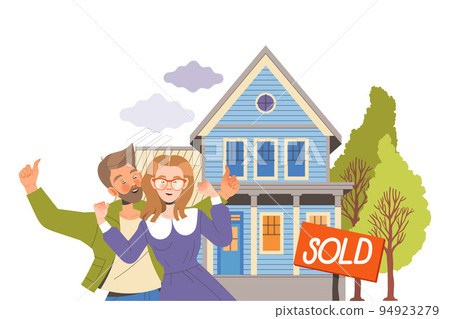 Happy Man and Woman Character Near Real Estate and Residential House Showing Thumb Up Vector Illustration 94923279