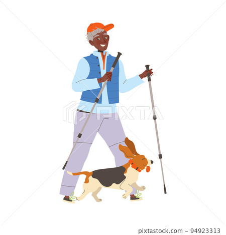 Man Pensioner Character Pole Walking with Dog Engaged in Sport Hobby Activity on Retirement Vector Illustration 94923313