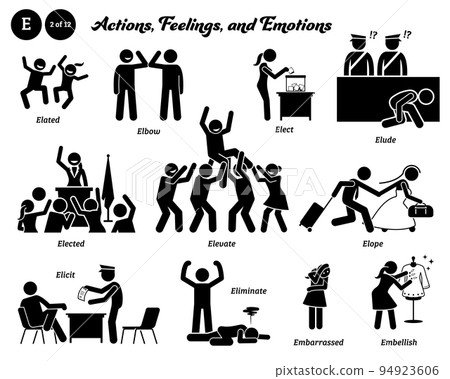 Stick figure human people man action, feelings, and emotions icons alphabet E. Elated, elbow, elect, elude, elected, elevate, elope, elicit, eliminate, embarrassed, and embellish. Stick figure human people man action, feelings, and emotions icons alphabet E. Elated, elbow, elect, elude, elected, elevate, elope, elicit, eliminate, embarrassed, and embellish. 94923606