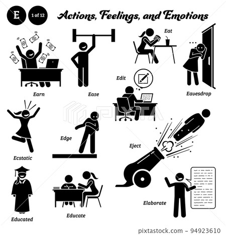 Stick figure human people man action, feelings, and emotions icons alphabet E. Earn, ease, edit, eat, eavesdrop, ecstatic, edge, eject, educated, educate, and elaborate. Stick figure human people man action, feelings, and emotions icons alphabet E. Earn, ease, edit, eat, eavesdrop, ecstatic, edge, eject, educated, educate, and elaborate. 94923610