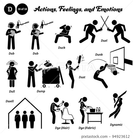 Stick figure human people man action, feelings, and emotions icons alphabet D. Dub, duck, duel, dull, dump, dust, dunk, dwell, dye hair, dye fabric, and dynamic.  94923612
