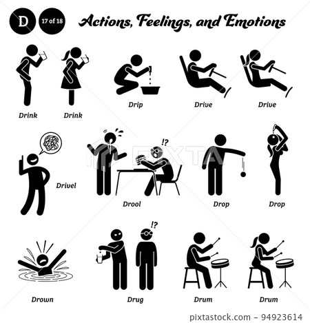 Stick figure human people man action, feelings, and emotions icons alphabet D. Drink, drip, drive, drivel, drool, drop, drown, drug, and drum. 94923614