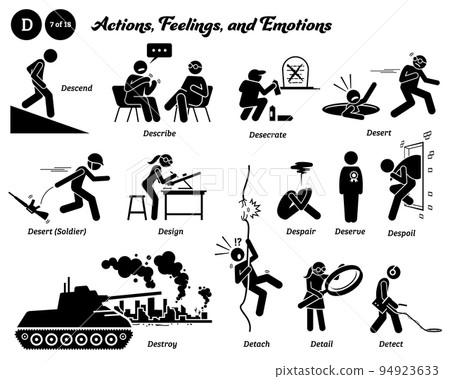 Stick figure human people man action, feelings, and emotions icons alphabet D. Descend, describe, desecrate, desert, design, despair, deserve, despoil, destroy, detach, detail, and detect. Stick figure human people man action, feelings, and emotions icons alphabet D. Descend, describe, desecrate, desert, design, despair, deserve, despoil, destroy, detach, detail, and detect. 94923633