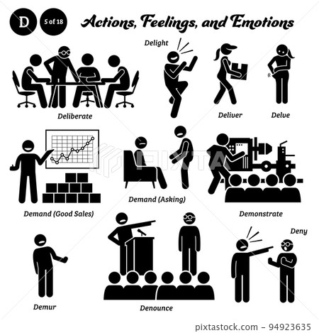 Stick figure human people man action, feelings, and emotions icons alphabet D. Deliberate, delight, deliver, delve, demand, demonstrate, demur, denounce, and deny. Stick figure human people man action, feelings, and emotions icons alphabet D. Deliberate, delight, deliver, delve, demand, demonstrate, demur, denounce, and deny. 94923635