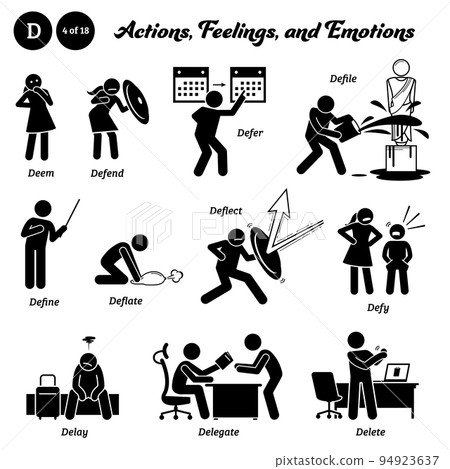 Stick figure human people man action, feelings, and emotions icons alphabet D. Deem, defend, defer, defile, define, deflate, deflect, defy, delay, delegate, and delete.  94923637