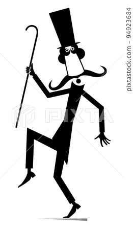 Walking mustache man in the top hat.  Cheerfulness long mustache man in the top hat walking with a cane. Black on white illustration 94923684