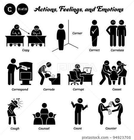 Stick figure human people man action, feelings, and emotions icons starting with alphabet C. Copy, corner, correct, correlate, correspond, corrode, corrupt, cosset, cough, counsel, count, and counter. Stick figure human people man action, feelings, and emotions icons starting with alphabet C. Copy, corner, correct, correlate, correspond, corrode, corrupt, cosset, cough, counsel, count, and counter. 94923708