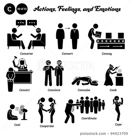 Stick figure human people man action, feelings, and emotions icons starting with alphabet C. Converse, convert, convey, convict, convince, convulse, cook, cool, cooperate, coordinate, and cope. Stick figure human people man action, feelings, and emotions icons starting with alphabet C. Converse, convert, convey, convict, convince, convulse, cook, cool, cooperate, coordinate, and cope. 94923709