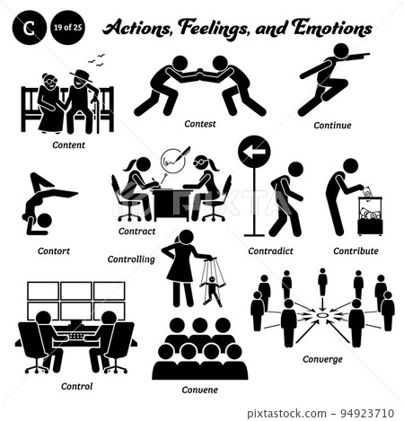Stick figure human people man action, feelings, and emotions icons starting with alphabet C. Content, contest, continue, contort, contract, contradict, contribute, control, convene, and converge. 94923710