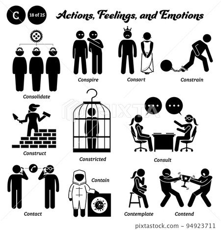 Stick figure human people man action, feelings, and emotions icons alphabet C. Consolidate, conspire, consort, constrain, construct, constricted, consult, contact, contain, contemplate, and contend. 94923711