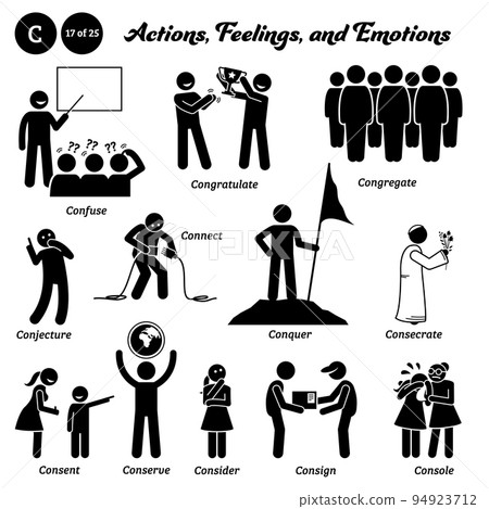 Stick figure human people man action, feelings, emotions icons alphabet C. Confuse, congratulate, congregate, conjecture, connect, conquer, consecrate, consent, conserve, consider, consign, console. Stick figure human people man action, feelings, emotions icons alphabet C. Confuse, congratulate, congregate, conjecture, connect, conquer, consecrate, consent, conserve, consider, consign, console. 94923712