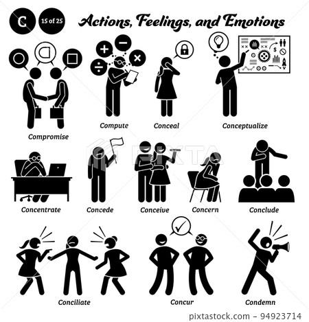Stick figure human people man action, feelings. icons alphabet C. Compromise, compute, conceal, conceptualize, concentrate, concede, conceive, concern, conclude, conciliate, concur, and condemn. 94923714