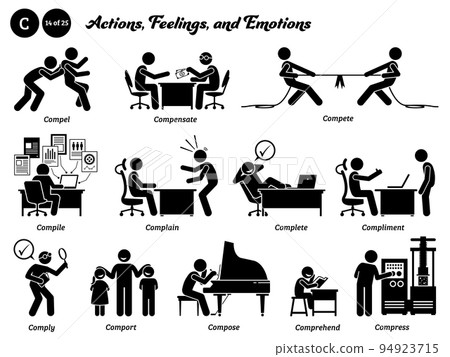 Stick figure human people man action, feelings, and emotions icons  alphabet C. Compel, compensate, compete, compile, complain, complete, compliment, comply, comport, compose, comprehend, and compress 94923715