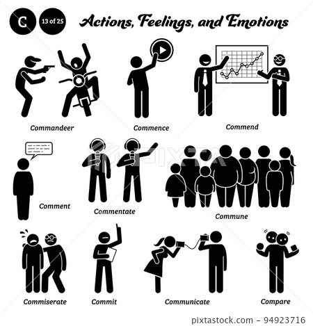 Stick figure human people man action, feelings, and emotions icons starting with alphabet C. Commandeer, commence, commend, comment, commentate, commune, commiserate, commit, communicate, and compare. 94923716