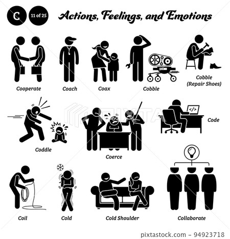 Stick figure human people man action, feelings, and emotions icons starting with alphabet C. Cooperate, coach, coax, cobble, coddle, coerce, coil, cold, cold shoulder, and collaborate. 94923718