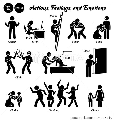 Stick figure human people man action, feelings, and emotions icons starting with alphabet C. Clench, click, climb, clinch, cling, clink, clip, close, clothe, clubbing, and clutch. Stick figure human people man action, feelings, and emotions icons starting with alphabet C. Clench, click, climb, clinch, cling, clink, clip, close, clothe, clubbing, and clutch. 94923719