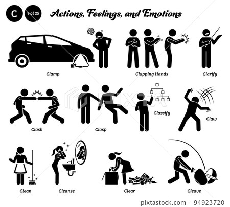 Stick figure human people man action, feelings, and emotions icons starting with alphabet C. Clamp, clapping hands, clarify, clash, clasp, classify, claw, clean, cleanse, clear, and cleave.  94923720